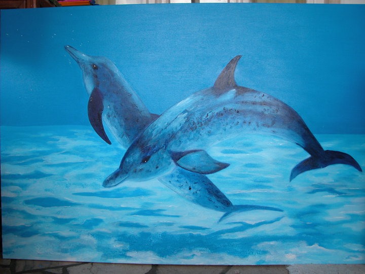 Dolphins swimming, painted by Graça Afonso